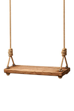 Wooden swing seat with thick rope on png transparent black
