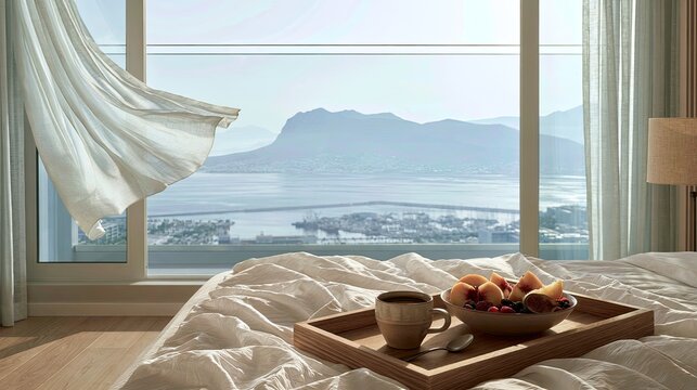 A serene bedroom scene with a tray of fruit and coffee overlooking a bay