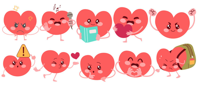 Cartoon vector set of cute heart characters showing different emotions and actions including angry and different expressions and actions