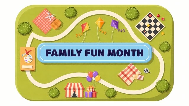 Family Fun Month poster with picnic, kites, and board games illustration