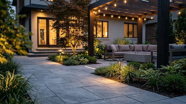 Modern outdoor living space with fire pit and pergola lighting