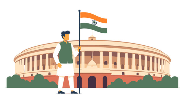 Person Holding Indian Flag in Front of Parliament Building.