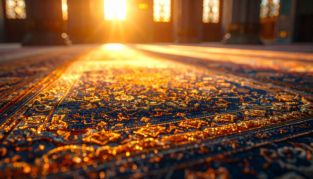 Ornate carpet bathed in warm sunlight casting long shadows indoors