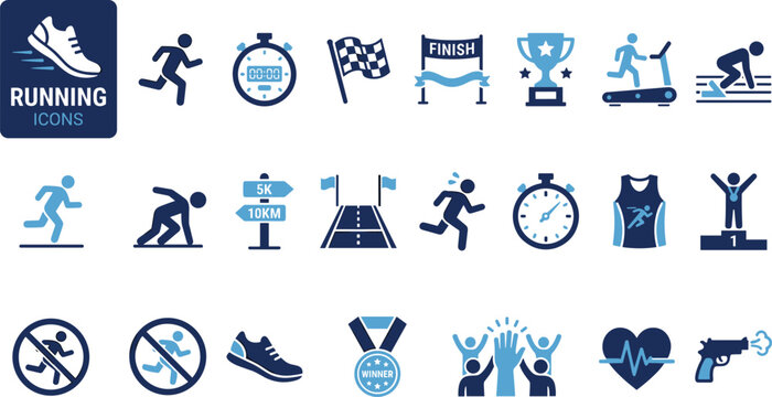 Running and marathon competition icon set featuring sprinter athletes stopwatch medals finish line trophy and running tracking symbols
