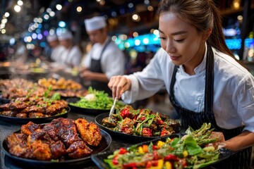 Obraz premium Female Chef Arranging Dishes at a Bustling Food Market Buffet