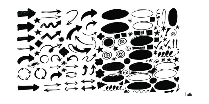 Set of black hand drawn arrows circles and doodle shapes for design and decoration