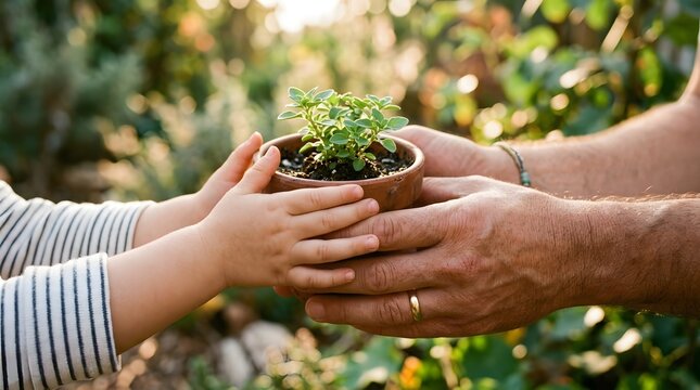 Hands holding young green plant seedling, family nurturing eco-friendly sustainable growth together outdoors, perfect for son and daughter day