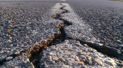 Obraz premium Deep structural crack in asphalt road surface.
