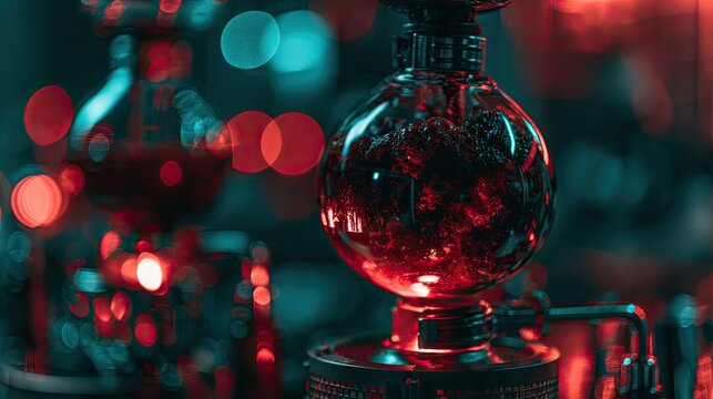 Abstract glass brewing device with red and teal bokeh lights