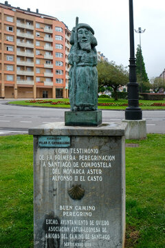  Oviedo, Spain - May 14, 2025. The Santiago Peregrino bronze statue a monument celebrating King Alfonso II and the historic roots of the Camino Primitivo route.