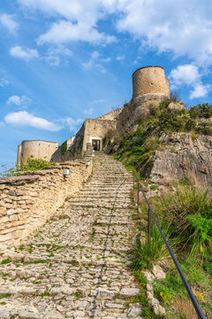 Marvelous sight at Roccascalegna, scenographic castle perched on a rocky hill in the Province of Chieti, Abruzzo, Italy.