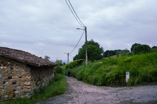 Pilgrim with a large backpack and a hiking pole walks along a winding rural road during a rainy or overcast day on the Camino Primitivo route.