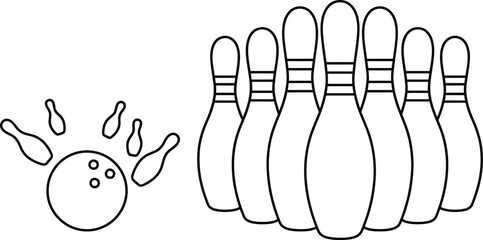 Bowling game with pins and ball in motion. Recreational activity for entertainment and socializing.