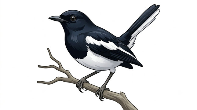Oriental magpie robin vector illustration perching on a dry branch, isolated on white background
