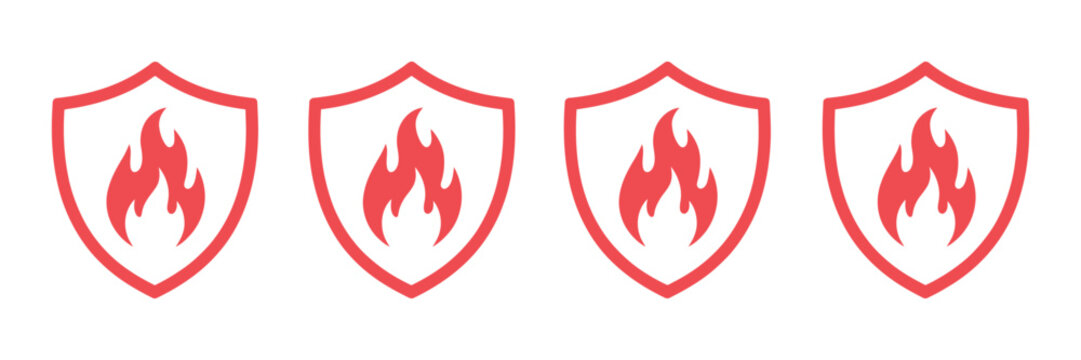 Fire Safety Shield Icon Set Featuring Flame Protection Symbols, Fire Prevention Badges, Emergency Warning Shields, Heat Resistance, Hazard Security, And Safety Vector Illustration Isolated On White.