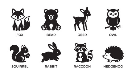 Obraz premium Cute Woodland Animal Silhouette Icon Set with Fox Bear Deer Owl Squirrel Rabbit Raccoon and Hedgehog Black Vector Collection Isolated on White Background
