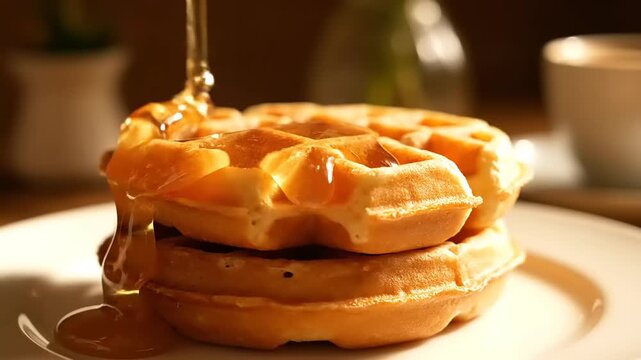 Close up of golden honey being poured over a stack of warm delicious breakfast waffles on a plate in soft morning light