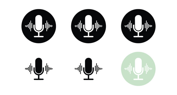 Microphone Audio Sound Wave Icon, featuring minimalist studio mic designs, circular flat style, recording, podcast, broadcasting, voice communication and editable vector