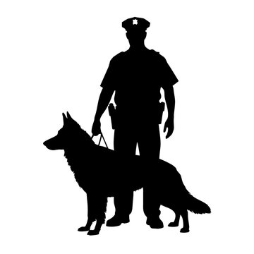 Striking silhouette of police handler with trained German Shepherd dog. Officer and K9 partner illustrate law enforcement dedication, portraying loyalty and protective service.