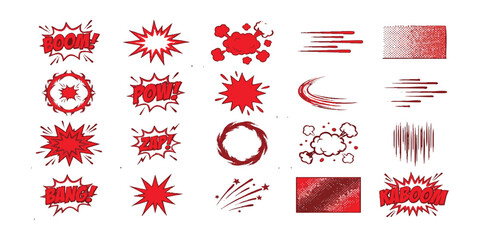 Set of red comic book explosion effects and action speech bubbles with sound effect text elements © Sharmin