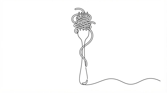 Fork twirling spaghetti noodle continuous line art drawing Italian pasta icon