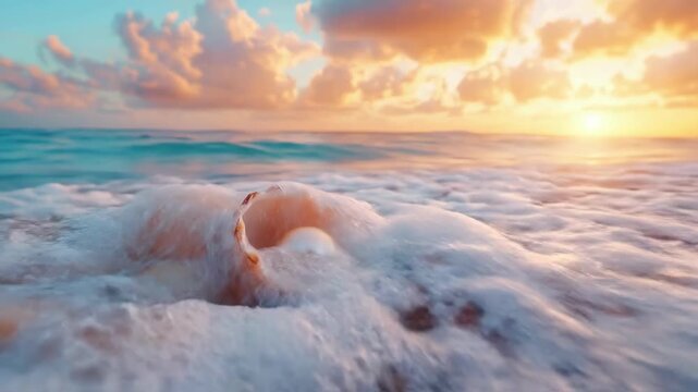 Sunrise over ocean with seashells and pearl on sandy beach