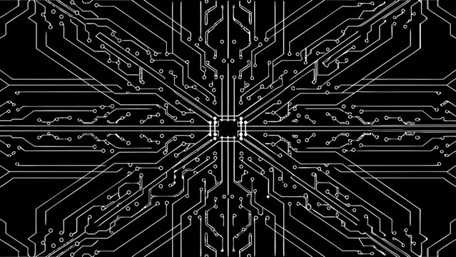 Circuit board pattern a symmetrical vector illustration with white lines on a black background circuitry electronic components