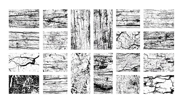 Large set of black and white wood bark and rustic timber grain texture patterns for background design elements.