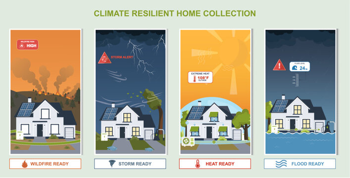 Climate Resilient Home Safety Collection. Four climate resilient home posters showing wildfire, storm, heat and flood readiness for property safety and disaster preparedness. Flat. Vector illustration