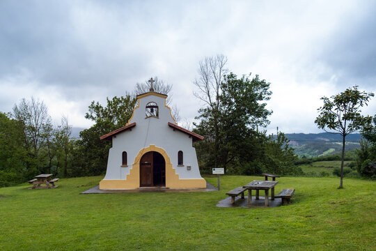 Traditional white church with a bell gable on the Camino  Primitivo trail in Asturias, Spain