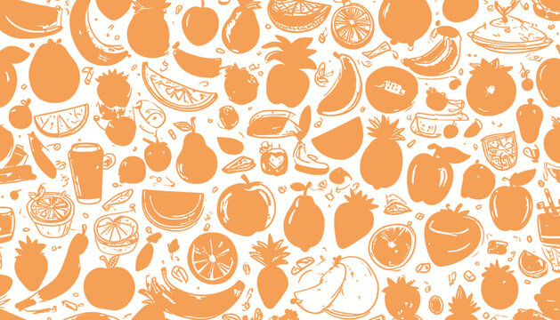 Orange monochrome hand drawn fruit doodle pattern illustration on a white background