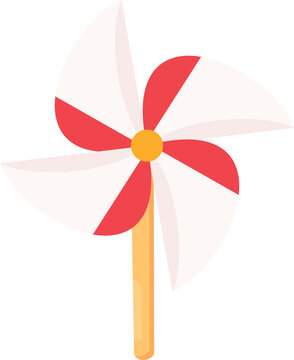 Red and white striped pinwheel vector illustration on wooden stick isolated on white background. Flat design toy whirligig icon for summer wind and childhood concepts.