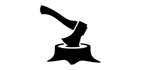 Axe embedded in tree stump with logs black and white silhouette hatchet woodcutting lumberjack forestry timber chopping felling, Axe embedded in tree stump in a dark striking vector © SujetaRani