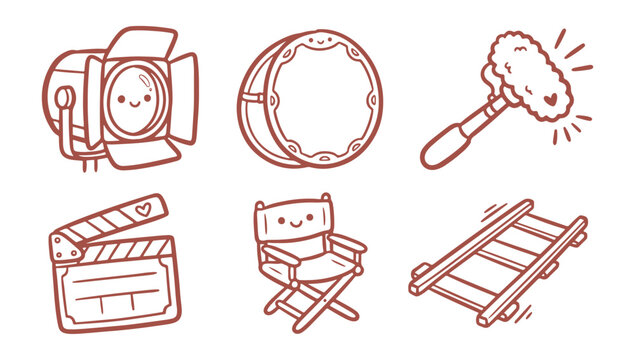Cute kawaii cinema and film production equipment icons set in a simple line style