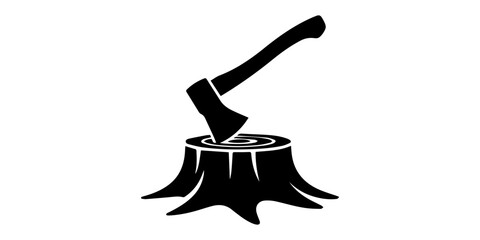 Axe embedded in tree stump with logs black and white silhouette hatchet woodcutting lumberjack forestry timber chopping felling, Axe embedded in tree stump in a dark striking vector © SujetaRani