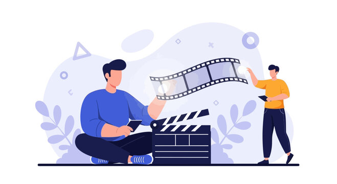 Filmmaking Process: Directors Planning Movie Scene with Film Reel and Clapperboard