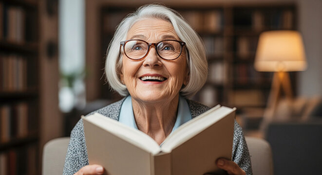 Cheerful Elderly Lady Enjoying a Good Book in a Home Library with Bookshelves and Warm Lighting Background Looking Up Inspired and Happy