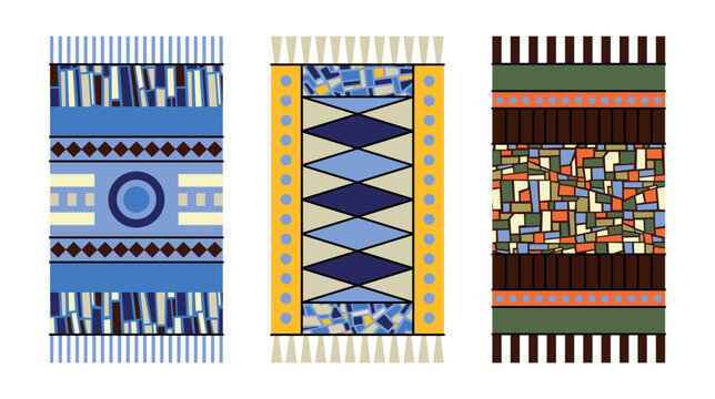 Colorful vector set of designs of carpets, towels and bedspreads with textures, patterns with geometric motifs. Fragments of frescoes and mosaics with the effect of broken glass, terrazzo and marble. 