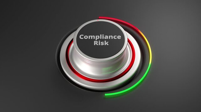 Realistic 3D dial gauge animation showing compliance risk level rising from green to red on a brushed metal knob with glowing color arc.