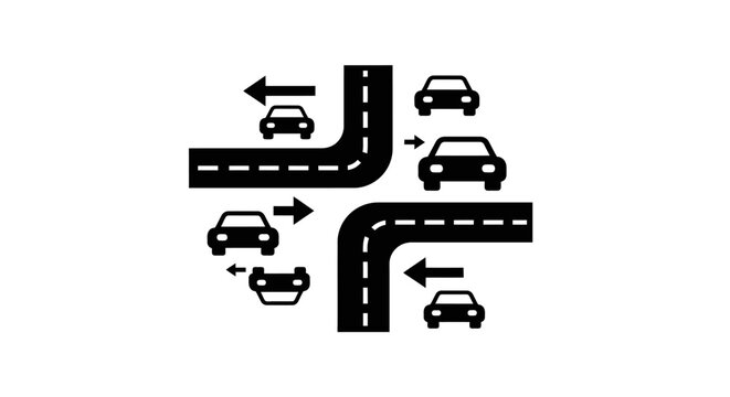 Crossroad traffic flow diagram with vehicles in motion