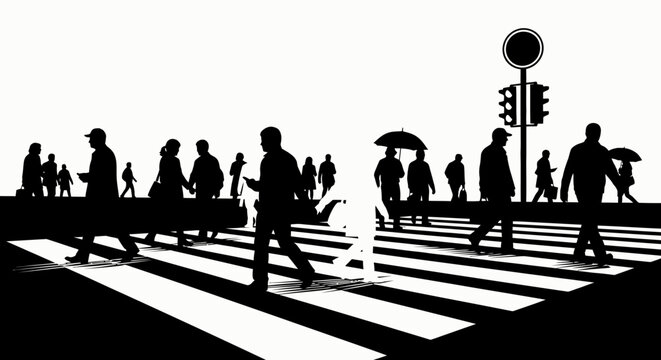 Crowd crossing street pedestrian traffic light silhouette