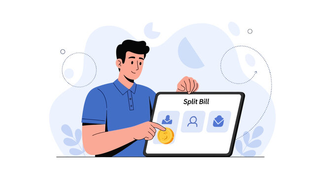 Man using tablet to split bill with coin and user icons, representing digital finance, expense sharing, and online payments.