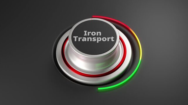 Realistic 3D dial gauge animation showing iron transport level rising from green to red on a brushed metal knob with glowing color arc