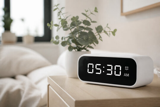 A digital alarm clock displaying 05:30 AM sits on a wooden nightstand next to a bed with a potted plant in the background.