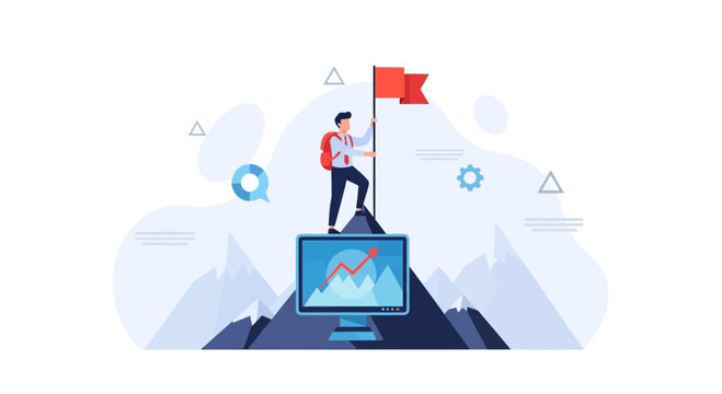 Man planting flag on mountain peak symbolizing success and achieving goals with computer graph representing business growth.