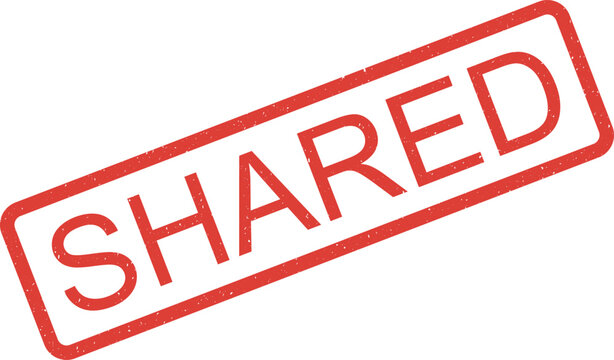 Grungy red shared stamp indicating information or resources distributed among people or groups online