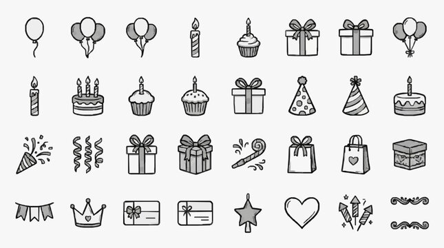 Sleek Minimalist Black and White Line Drawing Icons Set of Celebration Party Elements Gifts and Decorations