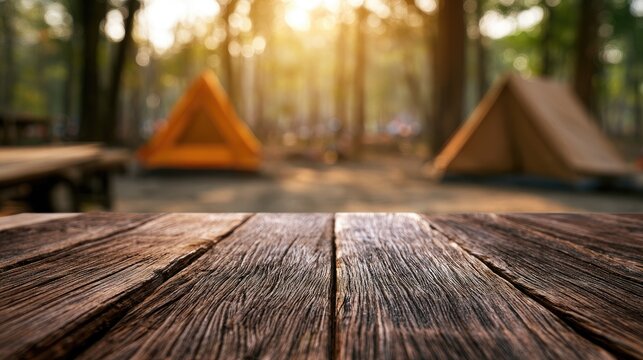 Rustic wooden table in focus with blurred camp tents in forest during sunset