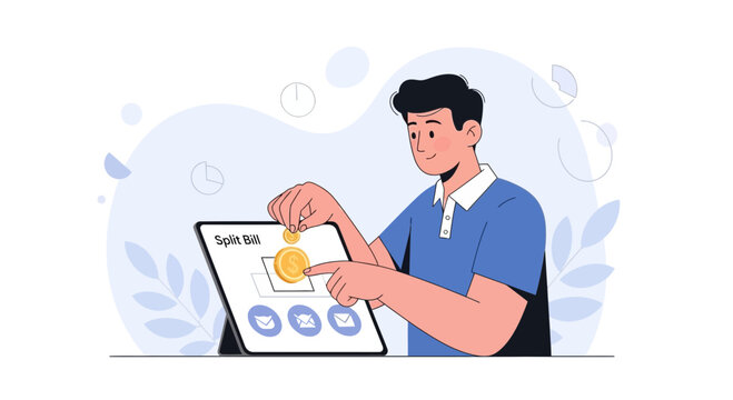 Man Uses Tablet to Split Bill and Manage Finances with Digital Coins and Icons