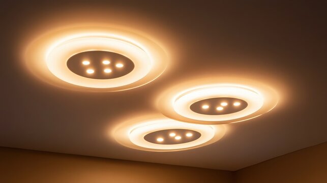 Recessed ceiling lights with circular LED modules create a patterned illumination across the surface.